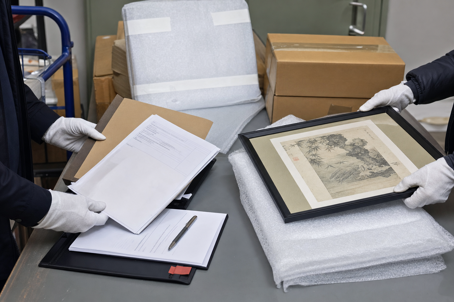 Fine art being checked during auction-house collection